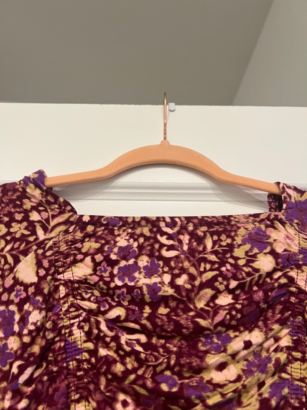 Free People Ruched Long Sleeve Floral Scoop Top in Plum - Picture 15 of 16